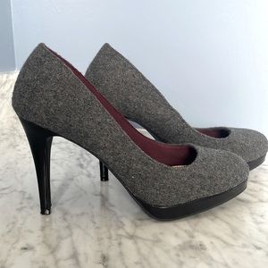 Christian Siriano grey wool like 3” platform heels.